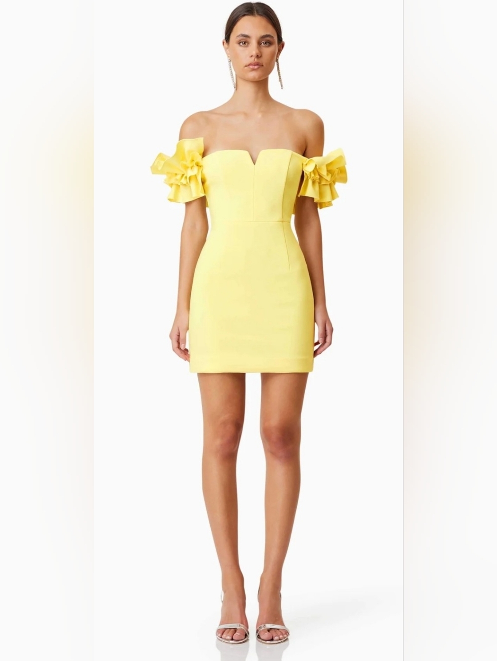 Elliatt Bright Yellow Off-the-Shoulder Mini Dress with Floral Sleeve Detail - Picture 2 of 9